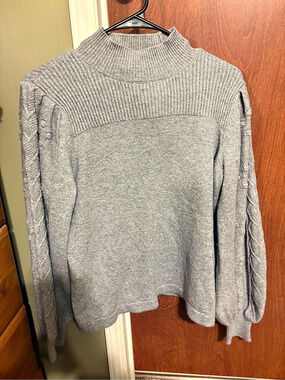 CeCe Mock Neck Ribbed Pullover Sweater with Puff Sleeves Gray Sweater